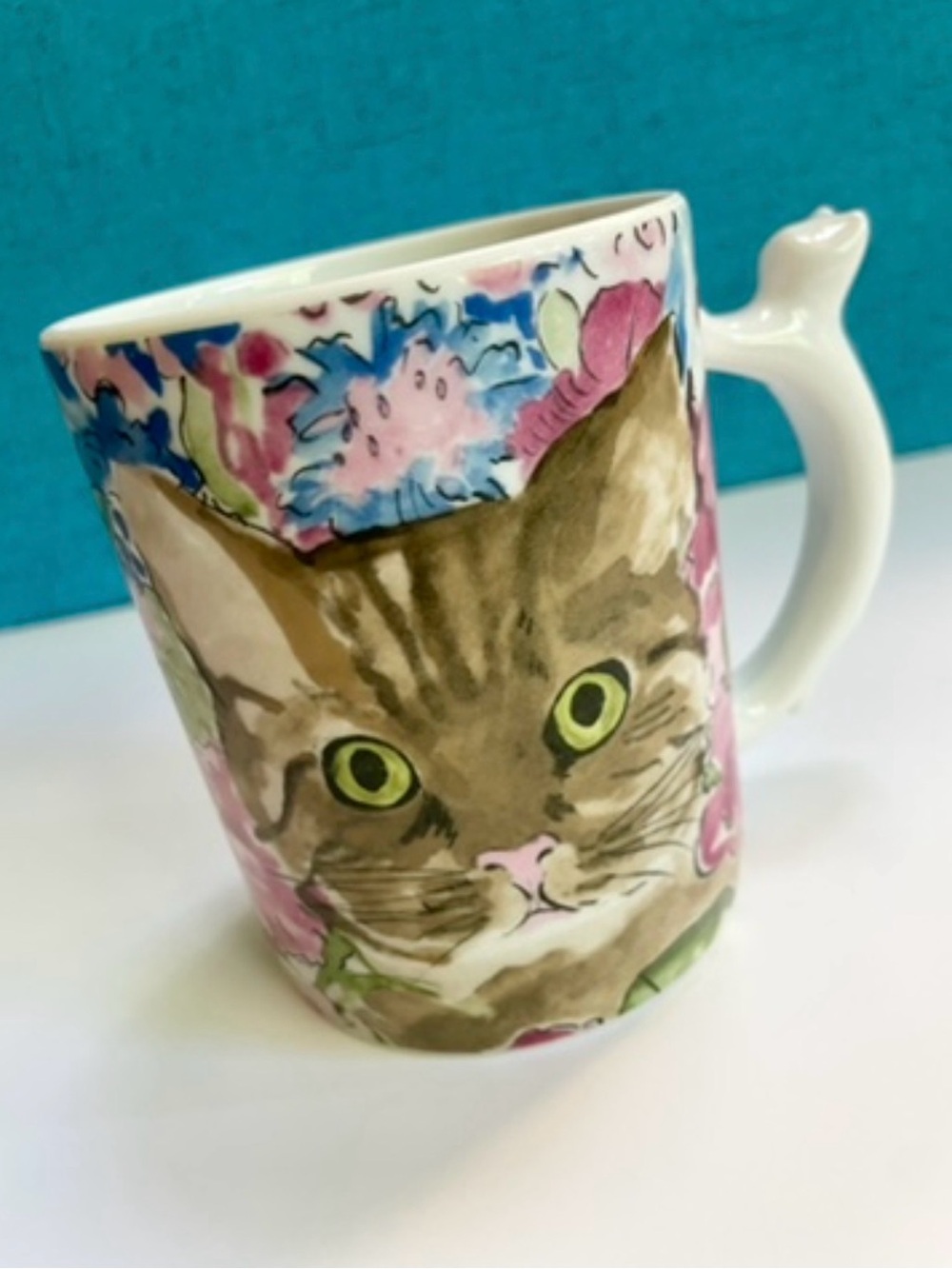Cat Floral Ceramic Mug - Brown Cat Design, Unbranded